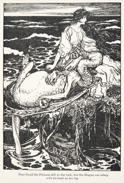 De fandt prinsessen stadig på klippen, men dragen sov med hovedet på hendes skød, , fra The Fairy Tales of the Brothers Grimm, pub. 1909 af Arthur Rackham