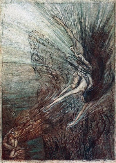 Rhinpigernes boltring. Illustration til Rhinegold og Valkyrien af Richard Wagner, af Arthur Rackham