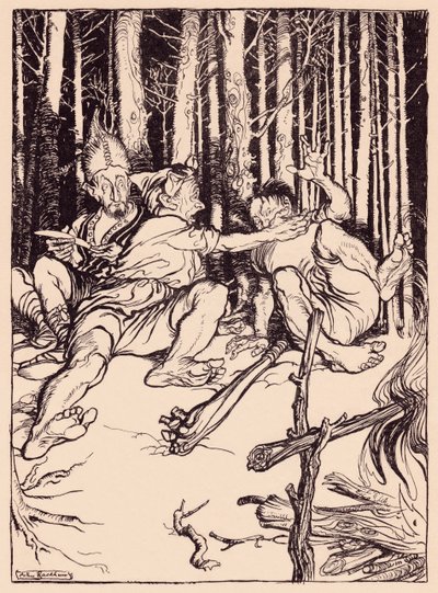 Kæmpen gav den, der sad ved siden af ham, en æske på øret. Illustration af Arthur Rackham fra Grimm