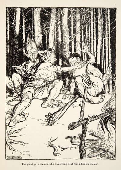 Kæmpen gav den, der sad ved siden af ham en æske på øret, fra Lillebror & Lillesøster og andre fortællinger af brødrene Grimm, pub.1917 (litho) af Arthur Rackham