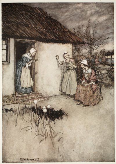 De gode koner i landsbyen undlod aldrig at lægge hele skylden på Dame Van Winkle, fra Rip Van Winkle af Washington Irving, pub. 1910 af Arthur Rackham