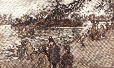 Øen, hvor alle fuglene er født, fra Peter Pan i Kensington Gardens af J.M. Barrie, 1906 af Arthur Rackham
