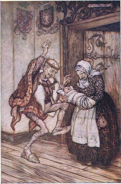 Kongen kunne ikke beherske sig af glæde (farve litho) af Arthur Rackham
