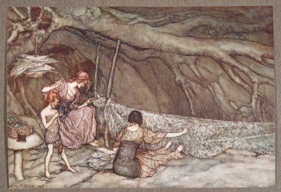 De små mennesker væver deres sommergardiner af skeletblade .. , fra Peter Pan i Kensington Gardens af J M Barrie (1860 - 1937), pub. 1906 af Arthur Rackham