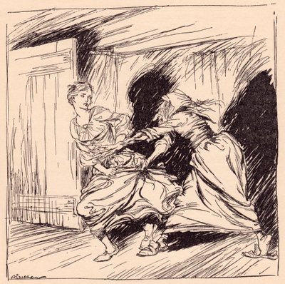 Den gamle kvinde greb hende i kjolen og prøvede at holde hende fast. Illustration af Arthur Rackham fra Grimm