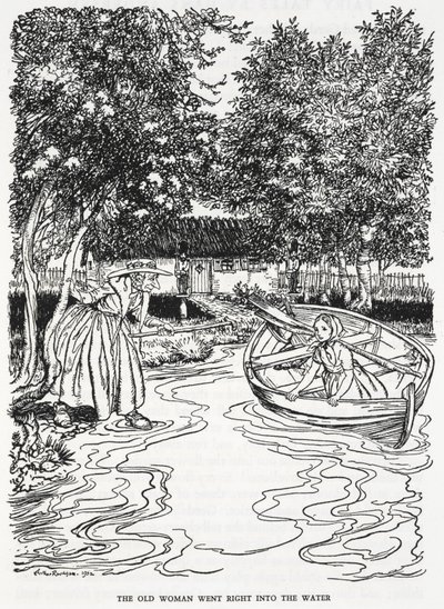 "Den gamle kone gik lige i vandet". Illustration til 