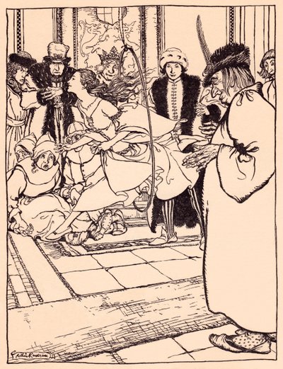 Den smukke pige sprang gennem bøjlen så let som en hjort. Illustration af Arthur Rackham fra Grimms eventyr, De tre fjer. af Arthur Rackham