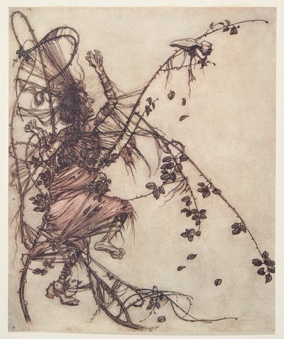 Jo hurtigere han spillede, jo højere måtte hun hoppe fra Brødrene Grimms eventyr, pub. 1909 af Arthur Rackham