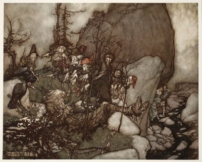 The sleep of Rip Van Winkle., fra Rip Van Winkle af Washington Irving, pub. 1910 af Arthur Rackham