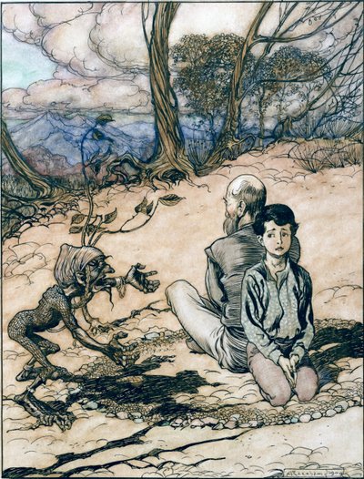 Sønnen lavede en cirkel, og hans far og han tog plads inden i den, og den lille sorte mannek dukkede op, illustration fra Kongen af Det Gyldne Bjerg i Brødrene Grimms eventyr, af Arthur Rackham