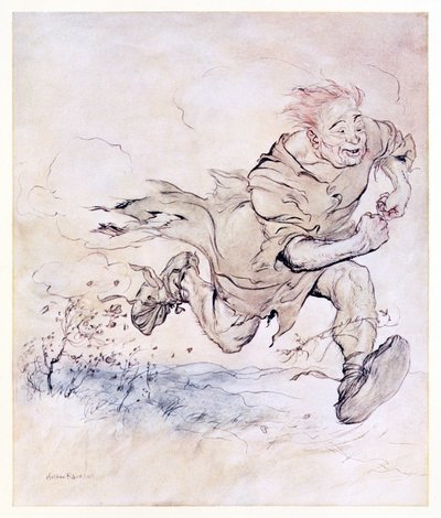 Dunken fra hans store støvler voksede lige så vedvarende som haglklappen på et tag, og vinden fra hans gang blæste træer ned. fra The Carl of the Drab Coat i Irish Fairy Tales af Arthur Rackham