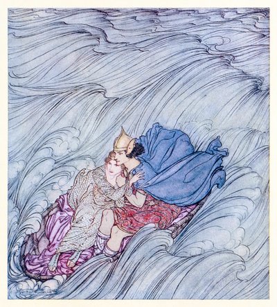 Alverdens bølger så ud til at hvirvle forbi dem i ét enormt grønt tæppe fra Becuma of the White Skin in Irish Fairy Tales af Arthur Rackham