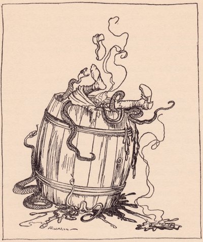 Den onde svigermor blev puttet i en tønde fuld af kogende olie og giftige slanger. Illustration af Arthur Rackham fra Grimms eventyr, De tolv brødre, udgivet i slutningen af det 19. århundrede. af Arthur Rackham