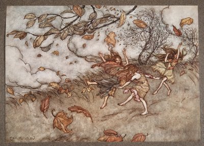 Der er næsten intet, der har så stor en sans for sjov som et faldet blad, fra Peter Pan i Kensington Gardens af J M Barrie (1860 - 1937), pub. 1906 af Arthur Rackham