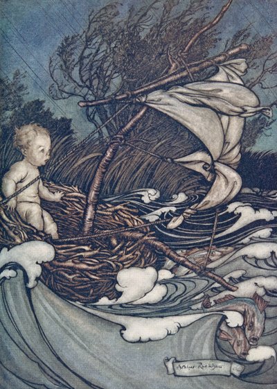 Der rejste sig nu en mægtig storm, og han blev smidt den og den vej.., fra Peter Pan i Kensington Gardens af J M Barrie (1860 - 1937), pub. 1906 af Arthur Rackham