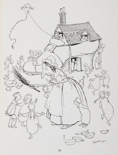 Der var en gammel dame, der boede i en sko. Kvinde med skohus og mange børn. af Arthur Rackham