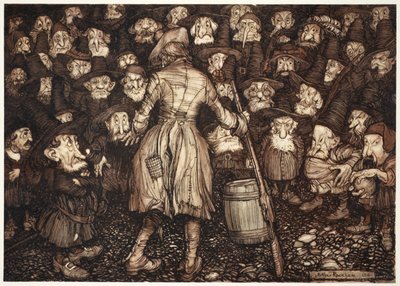 De stirrede på ham med et så fast, statue-lignende blik, at hans hjerte vendte sig om i ham og hans knæ slog sammen., fra Rip Van Winkle af Washington Irving, pub. 1910 af Arthur Rackham