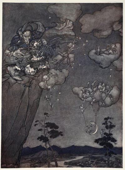 De blev styret af en gammel squaw-ånd, der hængte de nye måner op i himlen og skar de gamle op til stjerner., fra Rip Van Winkle af Washington Irving, pub. 1910 af Arthur Rackham
