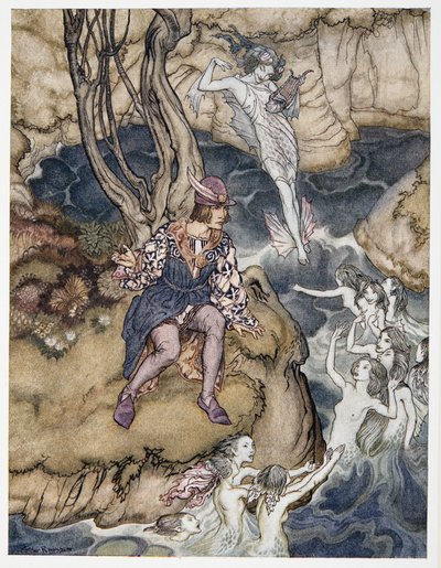 Denne musik sneg sig forbi be upon the waters, illustration fra William Shakespeares The Tempest, pub. 1926 af Arthur Rackham