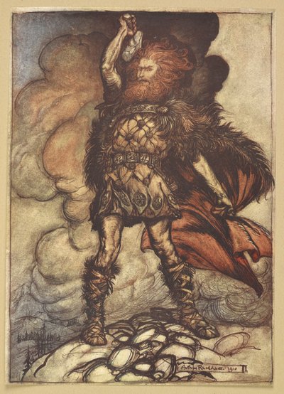 Thor løfter sin hammer. af Arthur Rackham