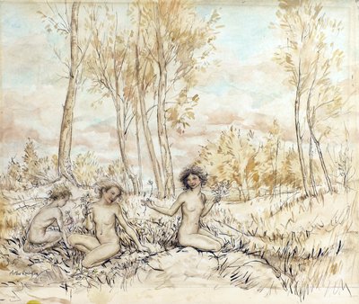 Tre trænymfer samler blomster (pen & blæk og wc på papir) af Arthur Rackham