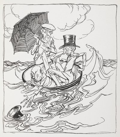 Tre mænd i en skål på havet. af Arthur Rackham