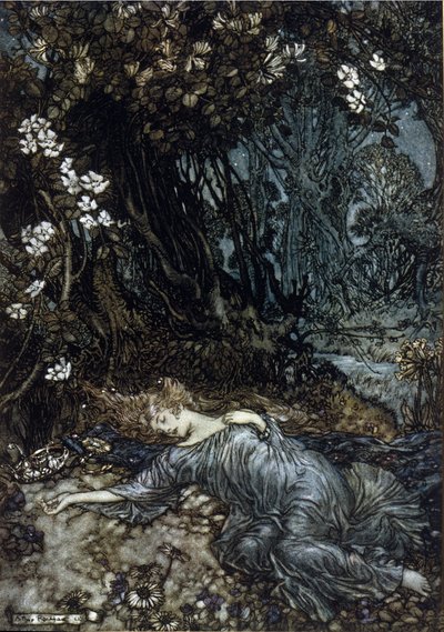 Honorernes Dronning Titania sover. Illustration af Arthur RACKHAM (1867-1939) til Drømmen om en sommernat af William SHAKESPEARE af Arthur Rackham