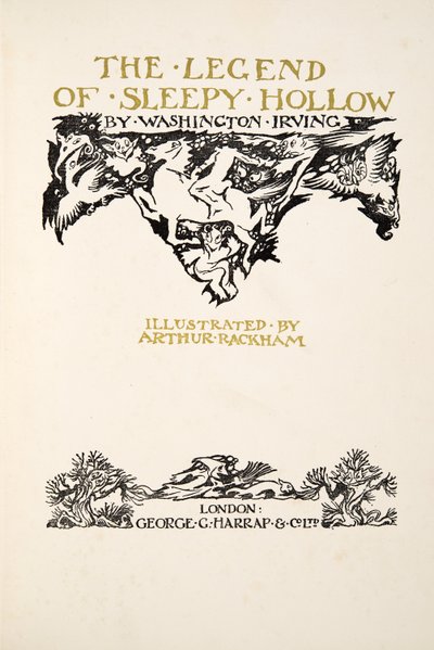 Titelblad fra The Legend of Sleepy Hollow af Washington Irving (1783 - 1859), pub. 1928 af Arthur Rackham