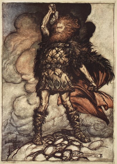 "Til min hammers sving fejer jeg Damp og tåge! svævende tåger! Donner, din herre, kalder sine hærskarer!", illustration fra "Rhinegold og Valkyrien", 1910 af Arthur Rackham