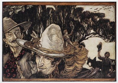 Tom Thumb sidder på kanten af en hat. af Arthur Rackham