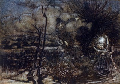 To karakterer formår ikke at drukne i sumpen, Puck hjælper dem med en brand. Illustration af Arthur RACKHAM (1867-1939) til Drømmen om en sommernat af William SHAKESPEARE af Arthur Rackham