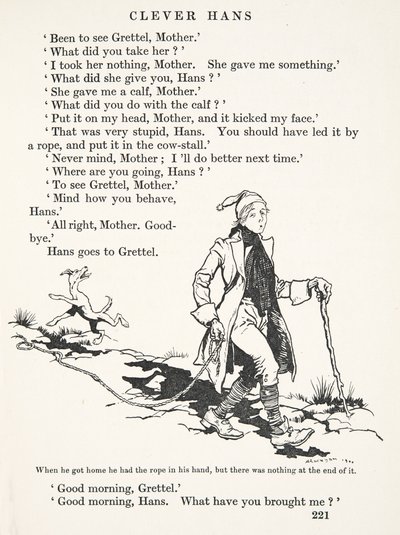 Da han kom hjem, havde han rebet i hånden, men der var intet for enden af det, fra The Fairy Tales of the Brothers Grimm, pub. 1909 af Arthur Rackham