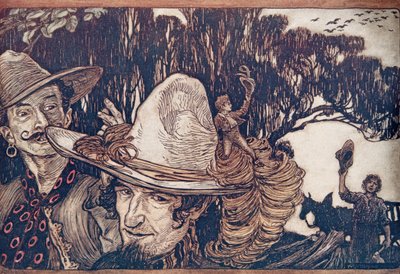 Da Tom havde sagt farvel til sin far, tog de af sted med ham .. , fra Brødrene Grimms eventyr, pub. 1909 af Arthur Rackham