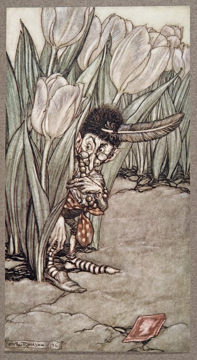 Da han hørte Peters stemme, sprang han forskrækket op bag en tulipan, fra Peter Pan in Kensington Gardens af J M Barrie (1860 - 1937), pub. 1906 af Arthur Rackham