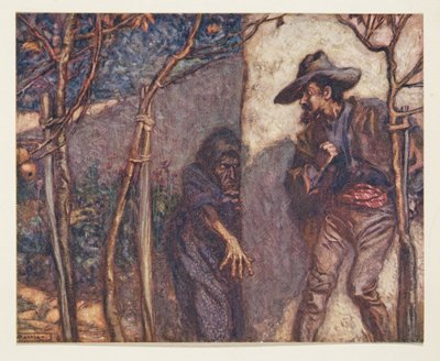 Da han gik over muren, var han bange for at se heksen foran ham, fra The Fairy Tales of the Brothers Grimm, pub. 1909 af Arthur Rackham