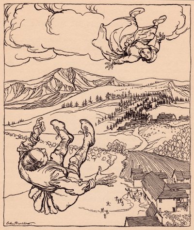 Da hendes mand så hende, råbte han: Hej! kom til mig her". Illustration af Arthur Rackham fra Grimm
