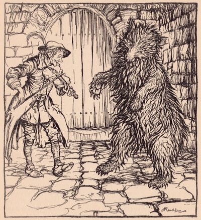 Da bjørnen hørte musikken, kunne han ikke lade være med at begynde at danse. Illustration af Arthur Rackham fra Grimm