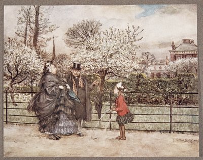 Når man møder voksne mennesker i haverne, der puster og blæser, som om de troede sig større, end de er .. , fra Peter Pan i Kensington Gardens af J M Barrie (1860 - 1937), pub. 1906 (kolo af Arthur Rackham