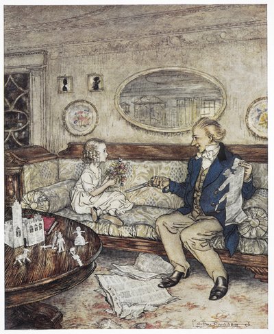 "Hvorfor ser mine blomster så falmede ud i dag"? Farveillustration, der viser en ung pige, Ida, siddende i en sofa med en ung mand, en studerende, som holder en saks. af Arthur Rackham