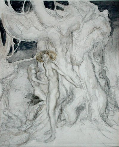 Trænymfer (akvarel og blyant på papir) af Arthur Rackham