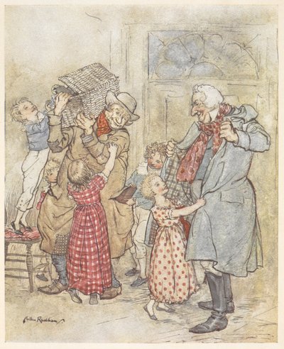 Små børn hjælper to ældre mænd med deres frakker, når de kommer ind i et hus med julegaver af Arthur Rackham