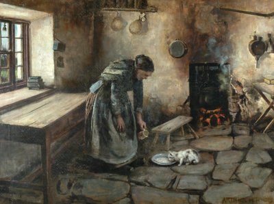 Farmhouse interiør (olie på lærred) af Arthur Rigg