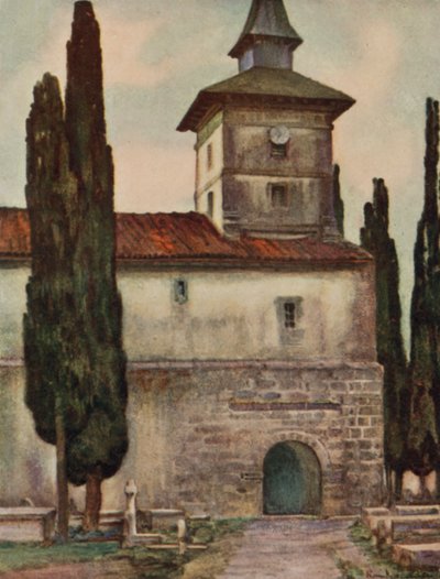 Baskerlandet: Kirken i Itxassou (farve litho) af Arthur Romilly Fedden