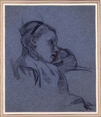Portræt af en siddende pige, ca. 1870 (rødt og sort kridt på blåt papir) af Arthur Stocks