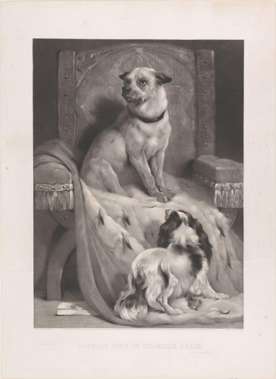 Hund på en hermelinkappe på en trone Geordie sidder i Charlies stol (titel på objekt) af Arthur Turrell