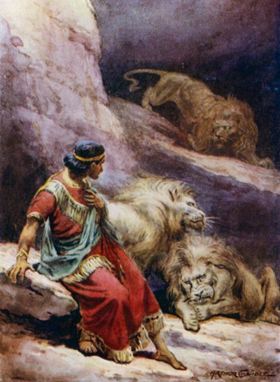 Daniel i løvehulen (farve litho) af Arthur Twidle