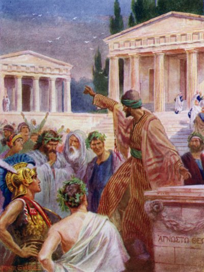 Paulus prædiker i Athen (farve litho) af Arthur Twidle