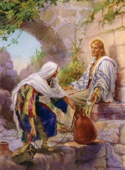 Kvinden fra Samaria ved brønden (farve litho) af Arthur Twidle