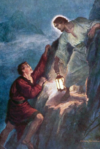 Ung mand, der klatrer, følger lyset fastholdt af Jesus Kristus af Arthur Twidle