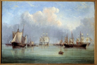 Marineskibe og sejlbåde fortøjet. Maleri af Arthur Wellington Fowles (1815-1883) Orleans Museum of Fine Arts fra det 19. århundrede af Arthur Wellington Fowles